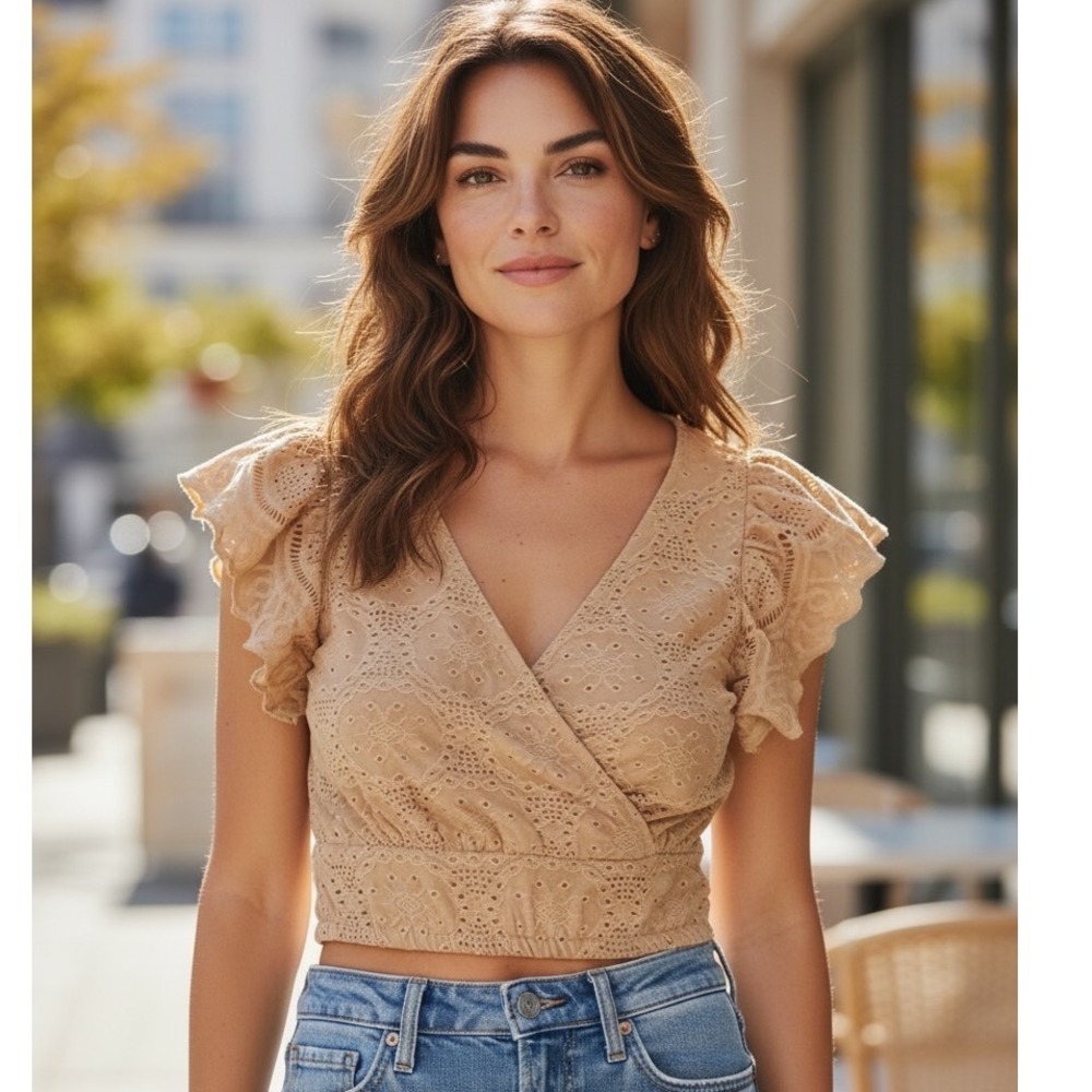 Urban Romantics Tan Eyelet Lace Wrap Crop Top Fairycore Coquette Festival Dainty